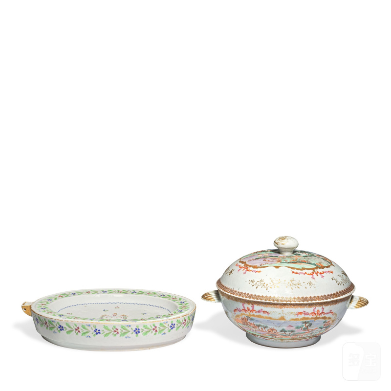 清乾隆/嘉慶 粉彩梅森式大蓋盌及葡萄牙市場暖盤 | A FAMILLE ROSE 'MEISSEN STYLE' TUREEN AND COVER AND A PORTUGUESE-MARKET PLATE WARMER - 图1